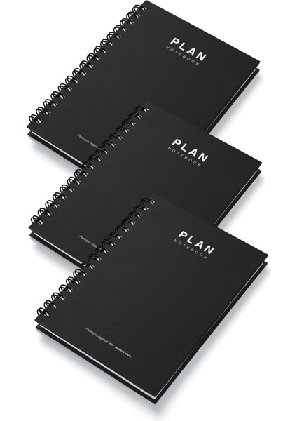 Deep Notebook 3'lü Set Süresiz Planlayıcı Ajanda A5 Spiralli Siyah Renk Tasarım