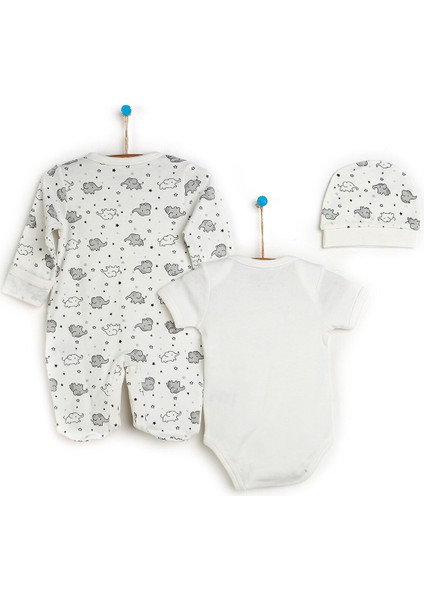 HelloBaby Yenidoğan Bebek Sevimli Fil Kendinden Eldivenli Tulum-Body- Şapka 3lü Set Unisex