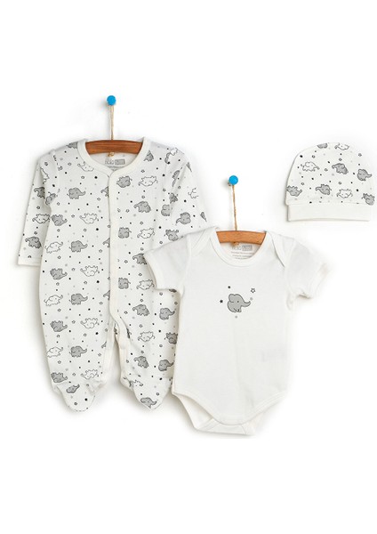 HelloBaby Yenidoğan Bebek Sevimli Fil Kendinden Eldivenli Tulum-Body- Şapka 3lü Set Unisex