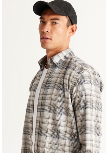 Slim Fit Düğmeli Yaka Gri - Beyaz Erkek Gömlek 4A2024100028 modelleri