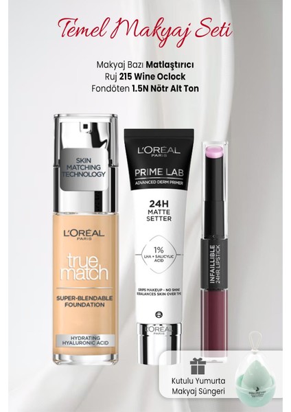 Loreal Paris True Match 1.5n, Likit Ruj 215,MATLAŞTIRICI Baz ve Makyaj Süngeri Yeşil