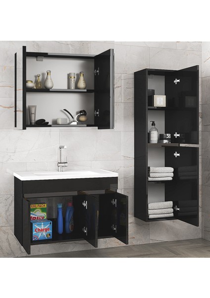 Alfa Banyo Viola3-Siyah 80+35 cm Mdf-Ayna Dolaplı Seramik Lavabolu Banyo Dolabı Takımı**demonte Değil**