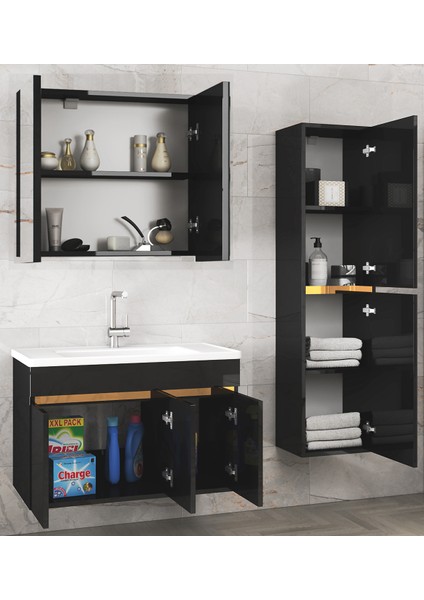 Alfa Banyo Viola3-S Siyah 80+35 cm Mdf-Ayna Dolaplı Seramik Lavabolu Banyo Dolabı Takımı**demonte Değil**