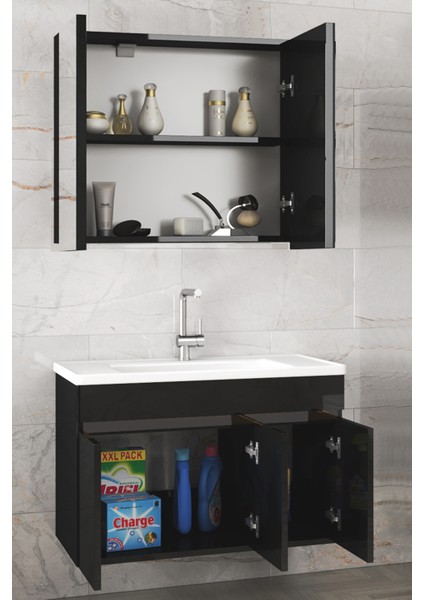 Viola3 Siyah 80 cm Mdf-Ayna Dolaplı Seramik Lavabolu Banyo Dolabı**demonte Değil** fiyatları