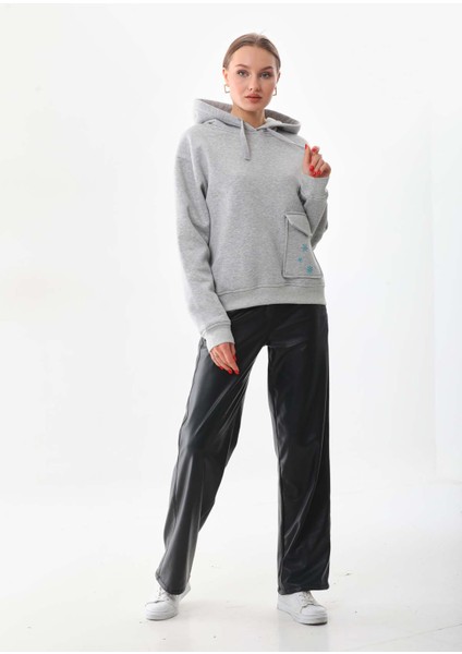 Kar Tanesi Baskılı Cepli Kapüşonlu Kışlık Kalın Sweatshirt Oversize/geniş Kesim fırsatları