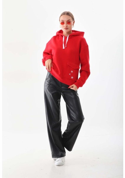 Kar Tanesi Baskılı Cepli Kapüşonlu Kışlık Kalın Sweatshirt Oversize/geniş Kesim fırsatları