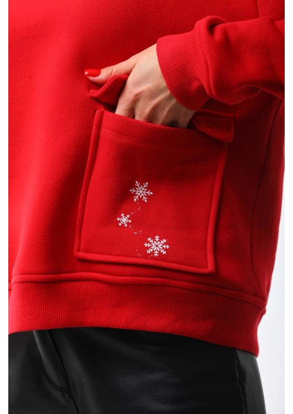 Kar Tanesi Baskılı Cepli Kapüşonlu Kışlık Kalın Sweatshirt Oversize/geniş Kesim indirimleri