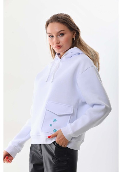 Kar Tanesi Baskılı Cepli Kapüşonlu Kışlık Kalın Sweatshirt Oversize/geniş Kesim modelleri