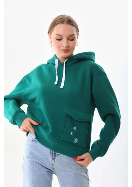 Kar Tanesi Baskılı Cepli Kapüşonlu Kışlık Kalın Sweatshirt Oversize/geniş Kesim