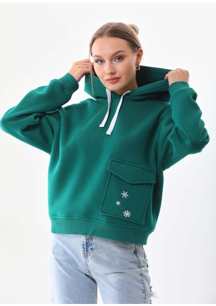 Kar Tanesi Baskılı Cepli Kapüşonlu Kışlık Kalın Sweatshirt Oversize/geniş Kesim