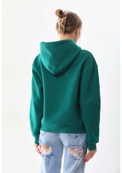 Kar Tanesi Baskılı Cepli Kapüşonlu Kışlık Kalın Sweatshirt Oversize/geniş Kesim