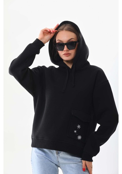Kar Tanesi Baskılı Cepli Kapüşonlu Kışlık Kalın Sweatshirt Oversize/geniş Kesim