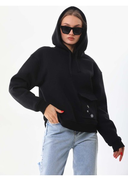 Kar Tanesi Baskılı Cepli Kapüşonlu Kışlık Kalın Sweatshirt Oversize/geniş Kesim fiyatları