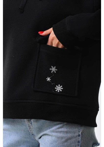 Kar Tanesi Baskılı Cepli Kapüşonlu Kışlık Kalın Sweatshirt Oversize/geniş Kesim indirimleri