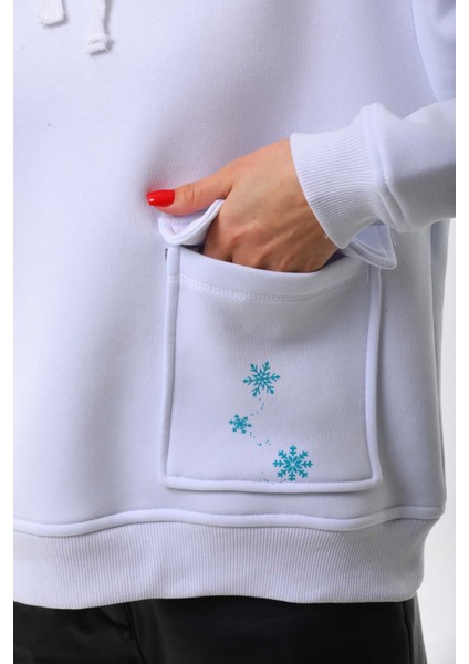 Kar Tanesi Baskılı Cepli Kapüşonlu Kışlık Kalın Sweatshirt Oversize/geniş Kesim indirimleri