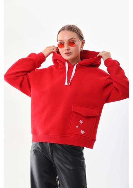 Kar Tanesi Baskılı Cepli Kapüşonlu Kışlık Kalın Sweatshirt Oversize/geniş Kesim