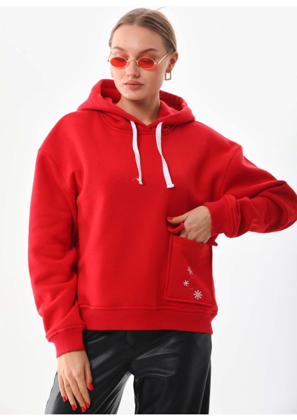 Kar Tanesi Baskılı Cepli Kapüşonlu Kışlık Kalın Sweatshirt Oversize/geniş Kesim