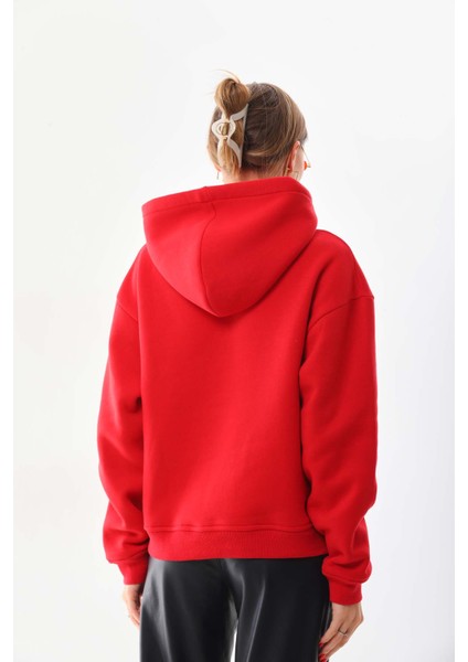 Kar Tanesi Baskılı Cepli Kapüşonlu Kışlık Kalın Sweatshirt Oversize/geniş Kesim