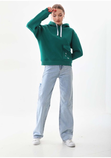 Kar Tanesi Baskılı Cepli Kapüşonlu Kışlık Kalın Sweatshirt Oversize/geniş Kesim fırsatları