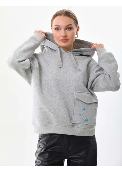 Kar Tanesi Baskılı Cepli Kapüşonlu Kışlık Kalın Sweatshirt Oversize/geniş Kesim