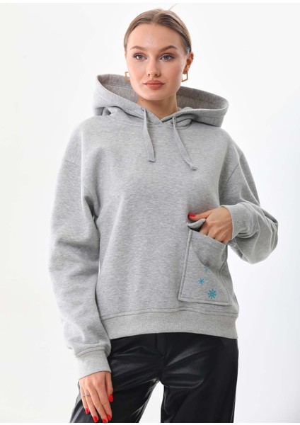 Kar Tanesi Baskılı Cepli Kapüşonlu Kışlık Kalın Sweatshirt Oversize/geniş Kesim