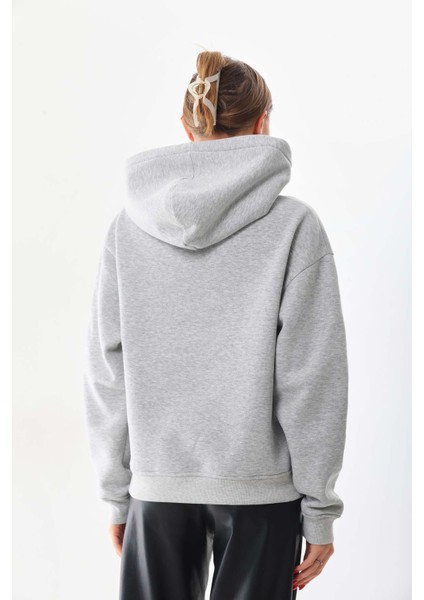 Kar Tanesi Baskılı Cepli Kapüşonlu Kışlık Kalın Sweatshirt Oversize/geniş Kesim