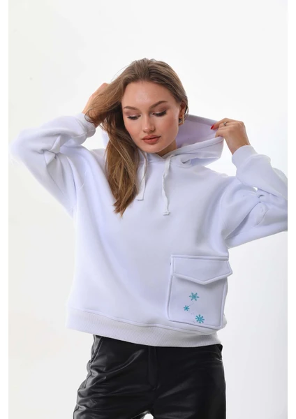 Kar Tanesi Baskılı Cepli Kapüşonlu Kışlık Kalın Sweatshirt Oversize/geniş Kesim