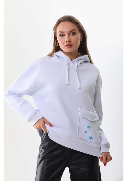 Kar Tanesi Baskılı Cepli Kapüşonlu Kışlık Kalın Sweatshirt Oversize/geniş Kesim