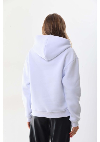 Kar Tanesi Baskılı Cepli Kapüşonlu Kışlık Kalın Sweatshirt Oversize/geniş Kesim