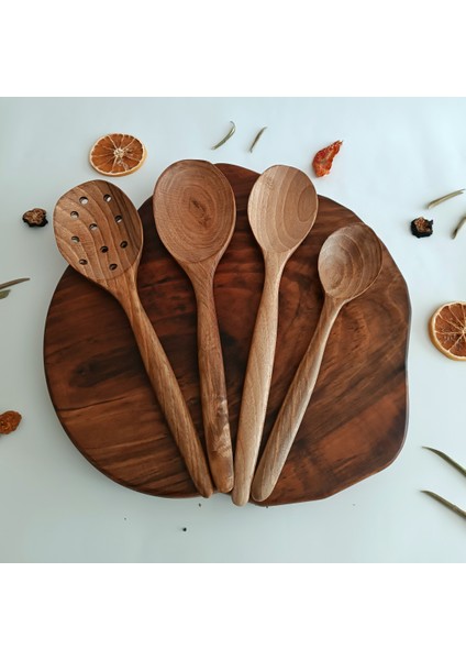 Ahşap Tahta Servis, Sunum Kaşık Seti - El Yapımı Ceviz Ağacı
