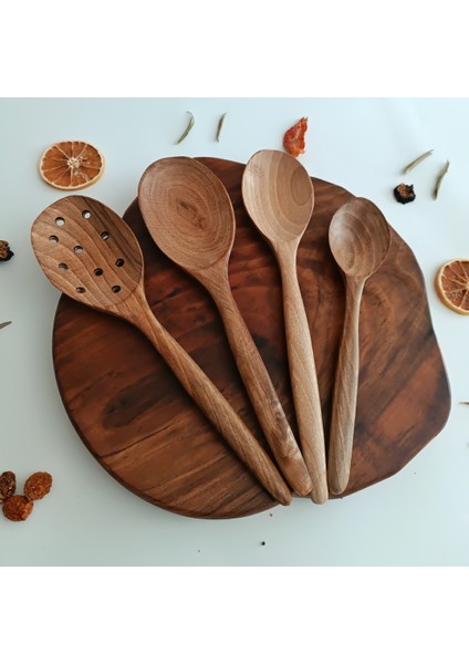 Ahşap Tahta Servis, Sunum Kaşık Seti - El Yapımı Ceviz Ağacı
