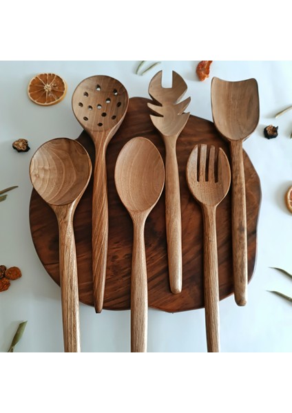 Ahşap Tahta Servis, Sunum Kaşığı ve Spatula Seti - El Yapımı - Ceviz Ağacı