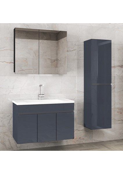 Alfa Banyo Viola3-Antrasit (80+35) 115 cm Mdf-Ayna Dolaplı, Seramik Lavabolu Banyo Dolabı Takımı**demonte Değil**