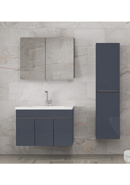 Alfa Banyo Viola3-Antrasit (80+35) 115 cm Mdf-Ayna Dolaplı, Seramik Lavabolu Banyo Dolabı Takımı**demonte Değil**