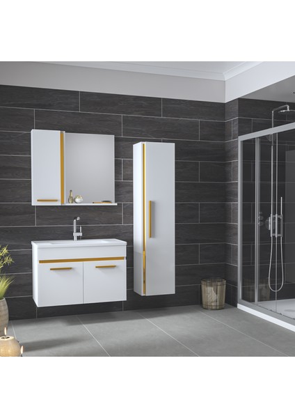 Alfa Banyo Yeni Gold Beyaz (65+35) 100 cm Boy Dolaplı Seramik Lavabolu Banyo Dolabı Takımı**demonte Değil