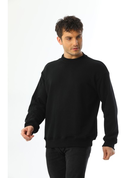 Siyah Basic 3 Iplik Bisiklet Yaka Mevsimlik Erkek Sweatshirt
