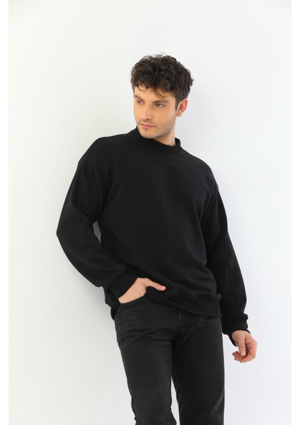 Siyah Basic 3 Iplik Bisiklet Yaka Mevsimlik Erkek Sweatshirt modelleri