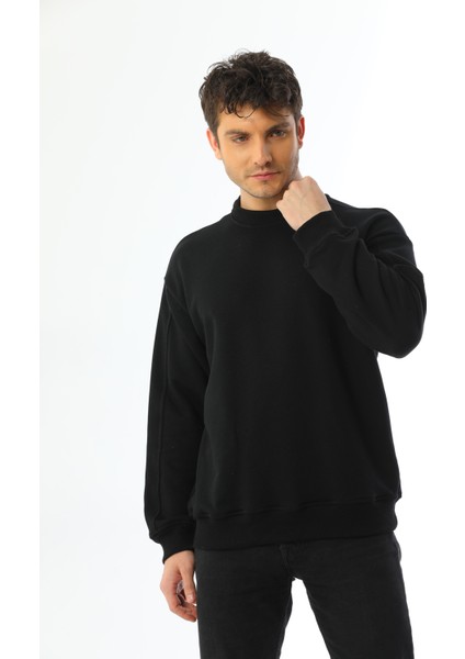Siyah Basic 3 Iplik Bisiklet Yaka Mevsimlik Erkek Sweatshirt fırsatları