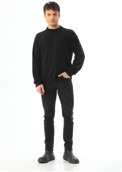 Siyah Basic 3 Iplik Bisiklet Yaka Mevsimlik Erkek Sweatshirt indirimleri