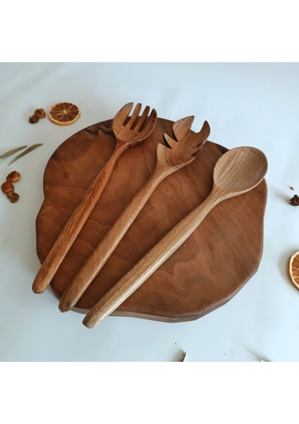Ahşap Tahta Servis, Sunum, Yemek Kaşık ve Salata Servis Kaşığı Seti - El Yapımı - Ceviz Ağacı