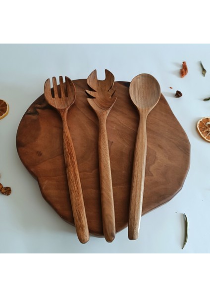 Ahşap Tahta Servis, Sunum, Yemek Kaşık ve Salata Servis Kaşığı Seti - El Yapımı - Ceviz Ağacı fiyatları