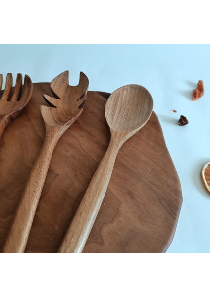Ahşap Tahta Servis, Sunum, Yemek Kaşık ve Salata Servis Kaşığı Seti - El Yapımı - Ceviz Ağacı fırsatları