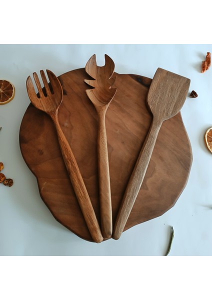 Ahşap Tahta Servis, Sunum, Spatula ve Salata Servis Kaşığı Seti - El Yapımı - Ceviz Ağacı