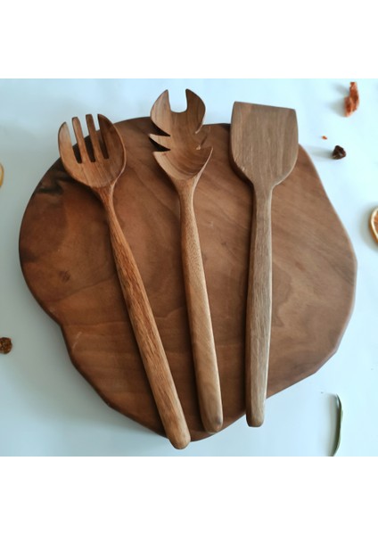 Ahşap Tahta Servis, Sunum, Spatula ve Salata Servis Kaşığı Seti - El Yapımı - Ceviz Ağacı fiyatları