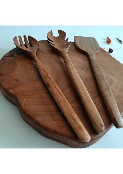 Ahşap Tahta Servis, Sunum, Spatula ve Salata Servis Kaşığı Seti - El Yapımı - Ceviz Ağacı fırsatları