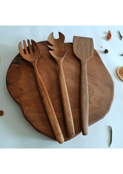 Ahşap Tahta Servis, Sunum, Spatula ve Salata Servis Kaşığı Seti - El Yapımı - Ceviz Ağacı indirimleri