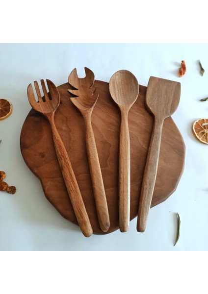 Ahşap Tahta Servis, Sunum, Yemek Kaşık Spatula ve Salata Servis Kaşığı Seti - Ceviz Ağacı