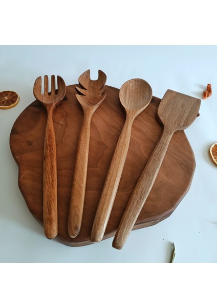 Ahşap Tahta Servis, Sunum, Yemek Kaşık Spatula ve Salata Servis Kaşığı Seti - Ceviz Ağacı fiyatları
