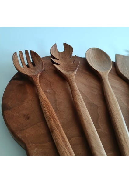 Ahşap Tahta Servis, Sunum, Yemek Kaşık Spatula ve Salata Servis Kaşığı Seti - Ceviz Ağacı modelleri