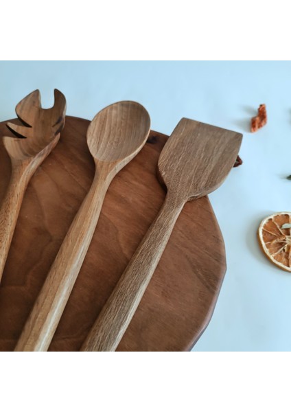 Ahşap Tahta Servis, Sunum, Yemek Kaşık Spatula ve Salata Servis Kaşığı Seti - Ceviz Ağacı fırsatları